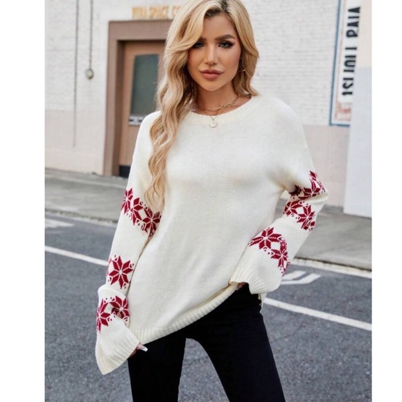 Bell Sleeve Crew Neck Snowflake Embroidered Knit Sweater - Picture 4 of 5